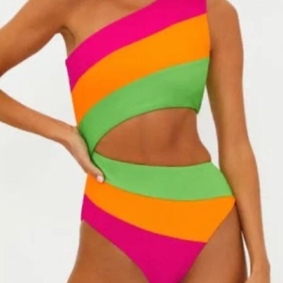 NWT Beach Riot - Joyce Stripe - Cutout One-Piece Swimsuit NEON COLOR BLOCK - Picture 1 of 5